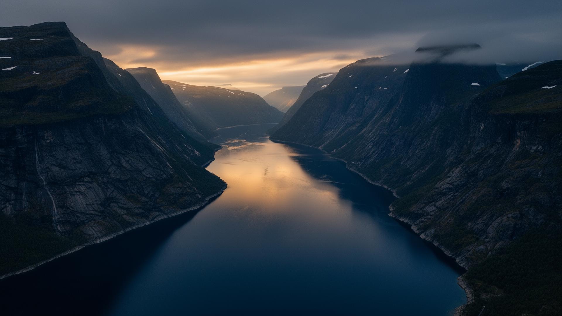 Fiorde norueguês ao entardecer
